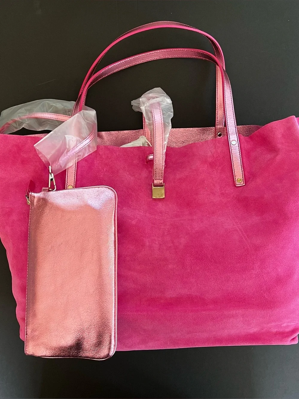 Tiffany & Co Slouchy Hot Pink Suede Reversible Metallic Large Tote Bag New